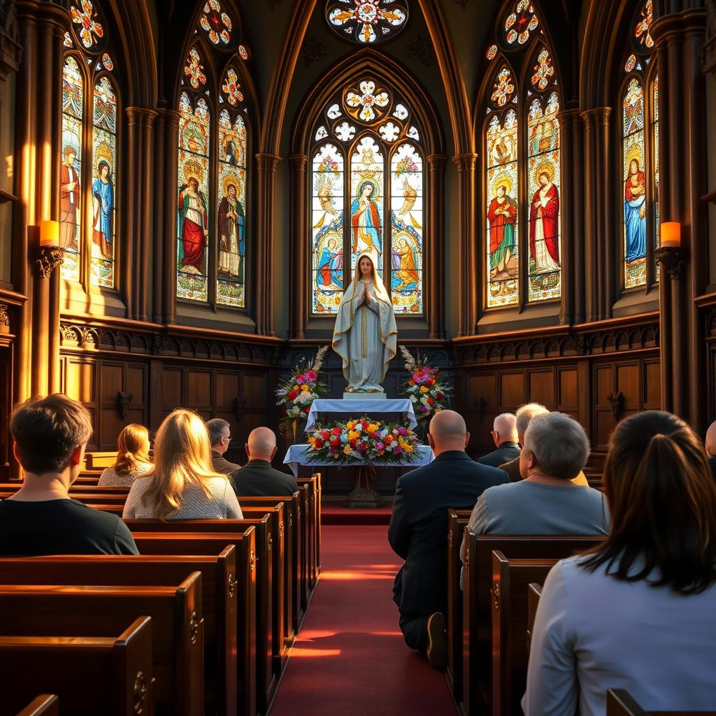 A serene scene depicting a Doa devotion facing the statue of Our Lady of Fatima in a majestic cathedral church