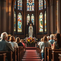 A serene scene depicting a Doa devotion facing the statue of Our Lady of Fatima in a majestic cathedral church
