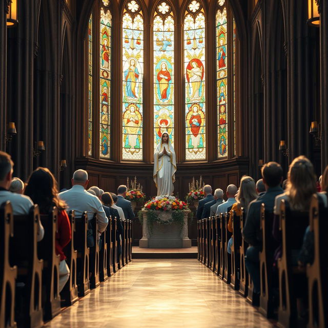 A serene scene depicting a Doa devotion facing the statue of Our Lady of Fatima in a majestic cathedral church