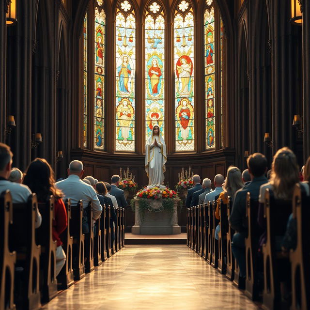 A serene scene depicting a Doa devotion facing the statue of Our Lady of Fatima in a majestic cathedral church