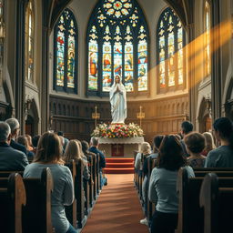A serene scene depicting a Doa devotion facing the statue of Our Lady of Fatima in a majestic cathedral church