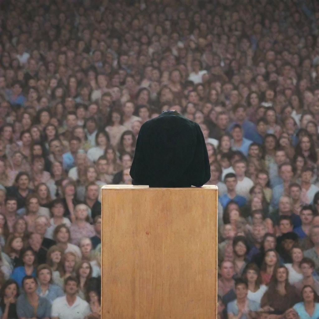 Generate an image of a one-eyed figure standing on a podium, with a crowd of people looking up in awe and worship.
