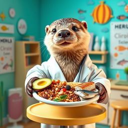 An adorable otter dressed as a doctor, wearing a white lab coat and a stethoscope around its neck