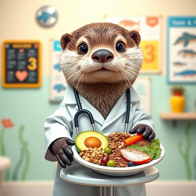 An adorable otter dressed as a doctor, wearing a white lab coat and a stethoscope around its neck