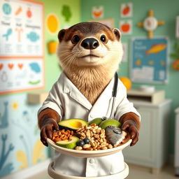 An adorable otter dressed as a doctor, wearing a white lab coat and a stethoscope around its neck