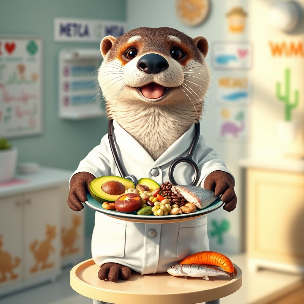 An adorable otter dressed as a doctor, wearing a white lab coat and a stethoscope around its neck