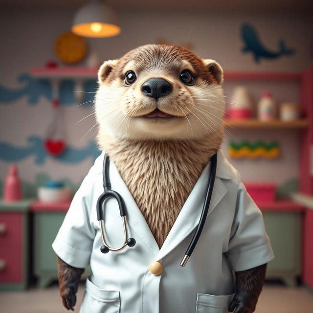 An adorable otter dressed as a doctor, complete with a white lab coat and a stethoscope around its neck