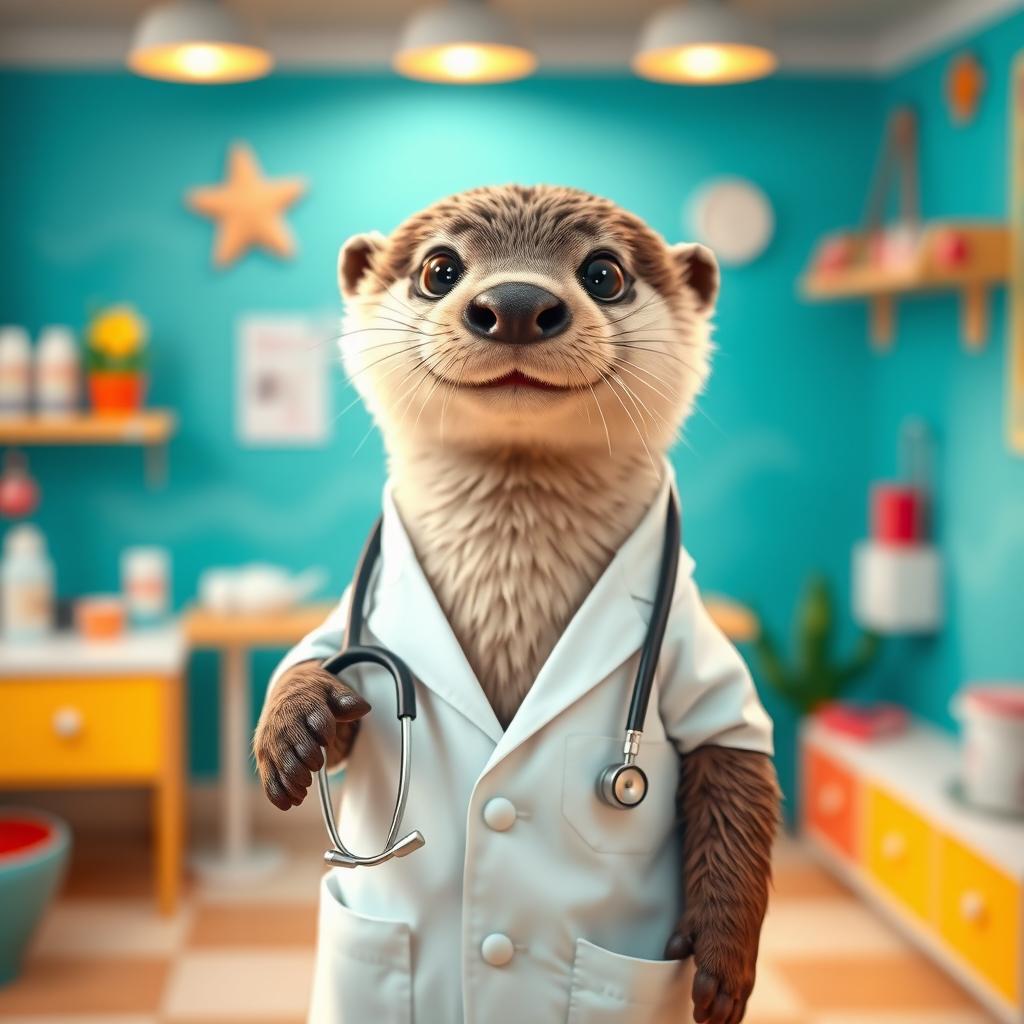 An adorable otter dressed as a doctor, complete with a white lab coat and a stethoscope around its neck