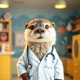 An adorable otter dressed as a doctor, complete with a white lab coat and a stethoscope around its neck