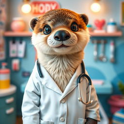 An adorable otter dressed as a doctor, complete with a white lab coat and a stethoscope around its neck