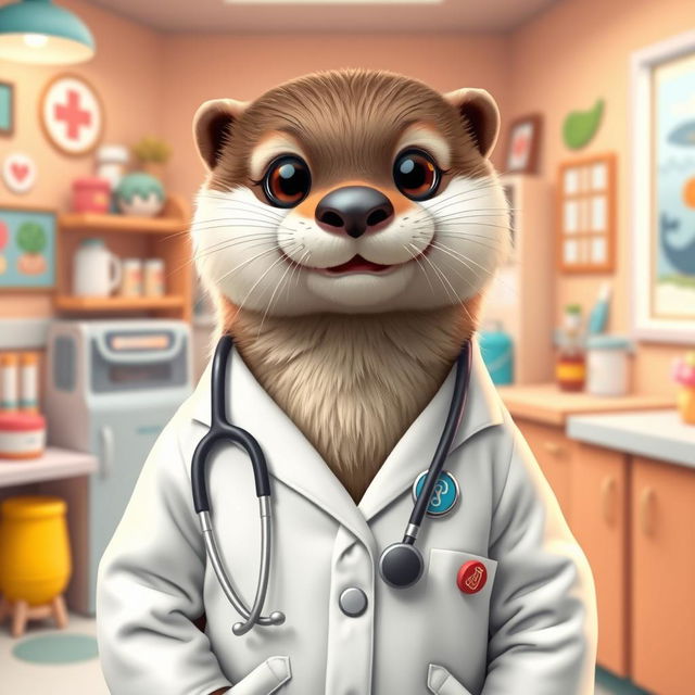 An adorable female otter dressed up as a doctor, showcasing her charming personality with a white lab coat adorned with colorful pins and a stethoscope around her neck