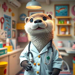 An adorable female otter dressed up as a doctor, showcasing her charming personality with a white lab coat adorned with colorful pins and a stethoscope around her neck