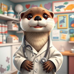 An adorable female otter dressed up as a doctor, showcasing her charming personality with a white lab coat adorned with colorful pins and a stethoscope around her neck