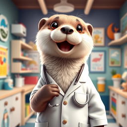 An adorable female otter dressed up as a doctor, showcasing her charming personality with a white lab coat adorned with colorful pins and a stethoscope around her neck