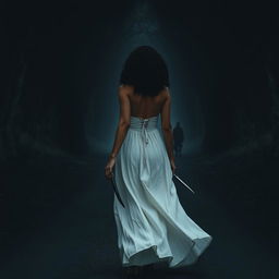 A woman with medium curly dark hair and caramel skin, dressed in a flowing long white dress, gracefully walking towards the darkness of a shadowy forest