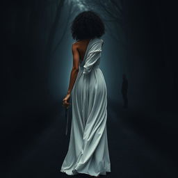 A woman with medium curly dark hair and caramel skin, dressed in a flowing long white dress, gracefully walking towards the darkness of a shadowy forest