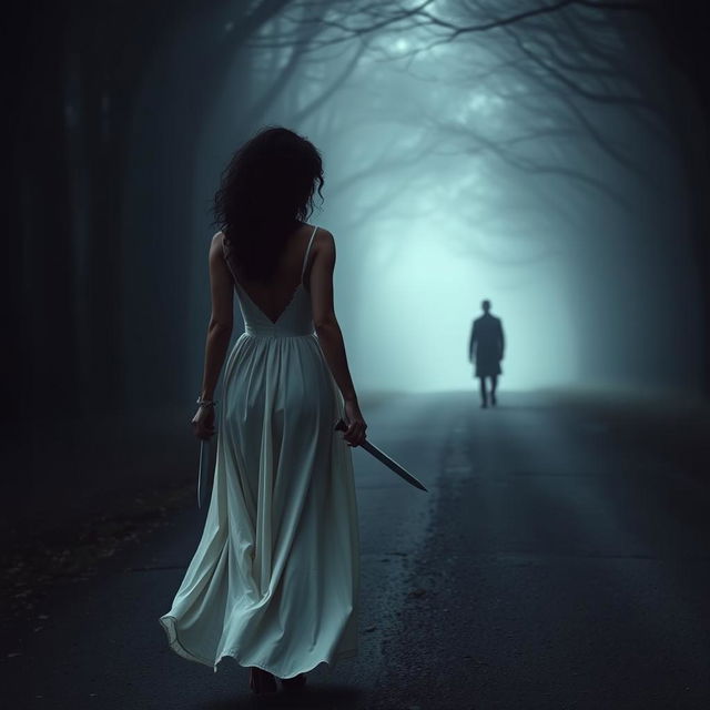 A woman with medium curly dark hair and caramel skin, dressed in a flowing long white dress, gracefully walking towards the darkness of a shadowy forest