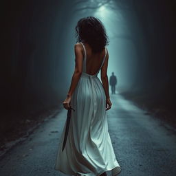 A woman with medium curly dark hair and caramel skin, dressed in a flowing long white dress, gracefully walking towards the darkness of a shadowy forest