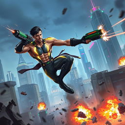A dynamic action scene featuring a heroic figure in mid-leap, dressed in a sleek, high-tech suit with glowing accents, showcasing muscular physique