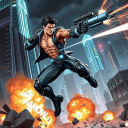 A dynamic action scene featuring a heroic figure in mid-leap, dressed in a sleek, high-tech suit with glowing accents, showcasing muscular physique