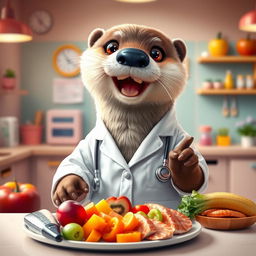 An adorable female otter dressed as a doctor, complete with a white lab coat and a stethoscope around her neck