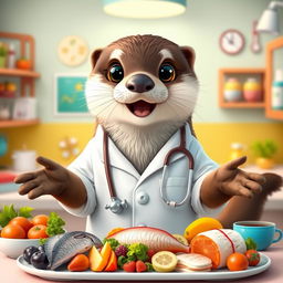 An adorable female otter dressed as a doctor, complete with a white lab coat and a stethoscope around her neck