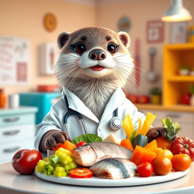 An adorable female otter dressed as a doctor, complete with a white lab coat and a stethoscope around her neck