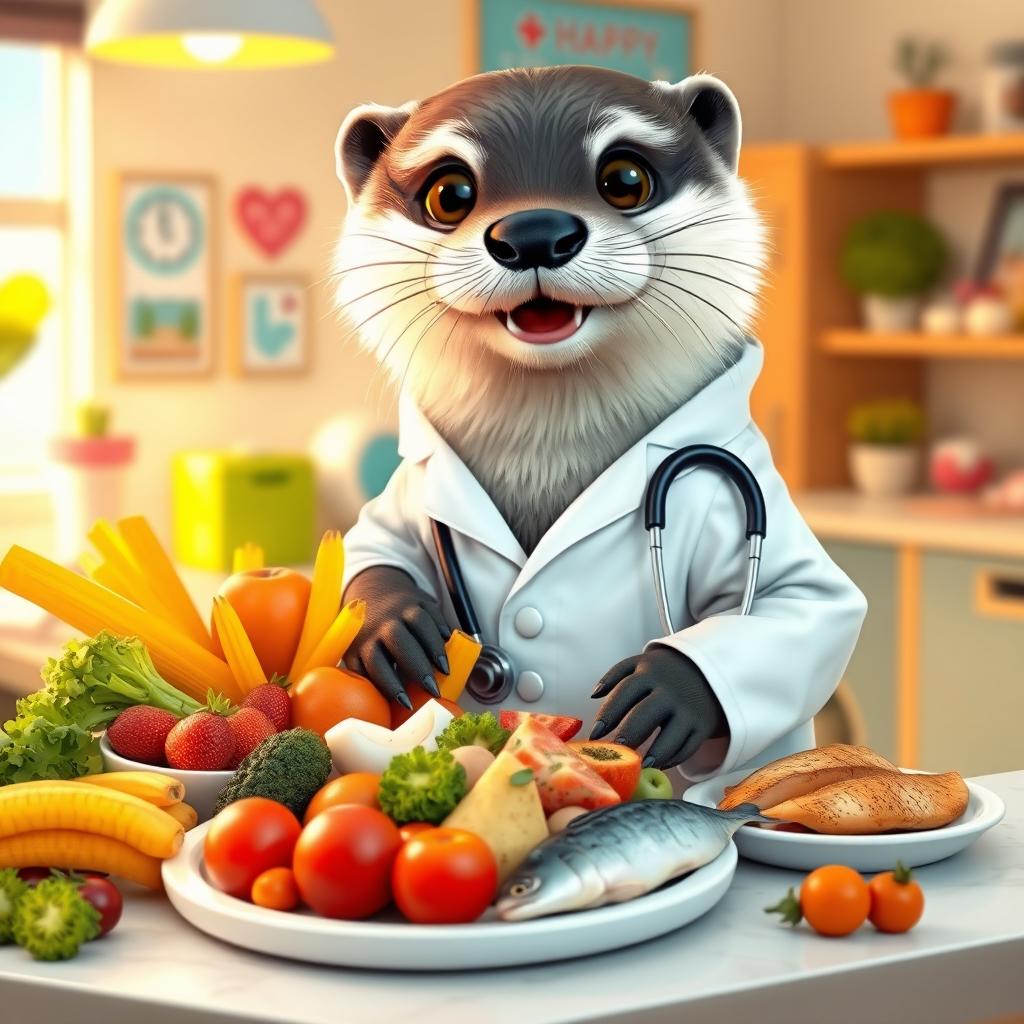 An adorable female otter dressed as a doctor, complete with a white lab coat and a stethoscope around her neck