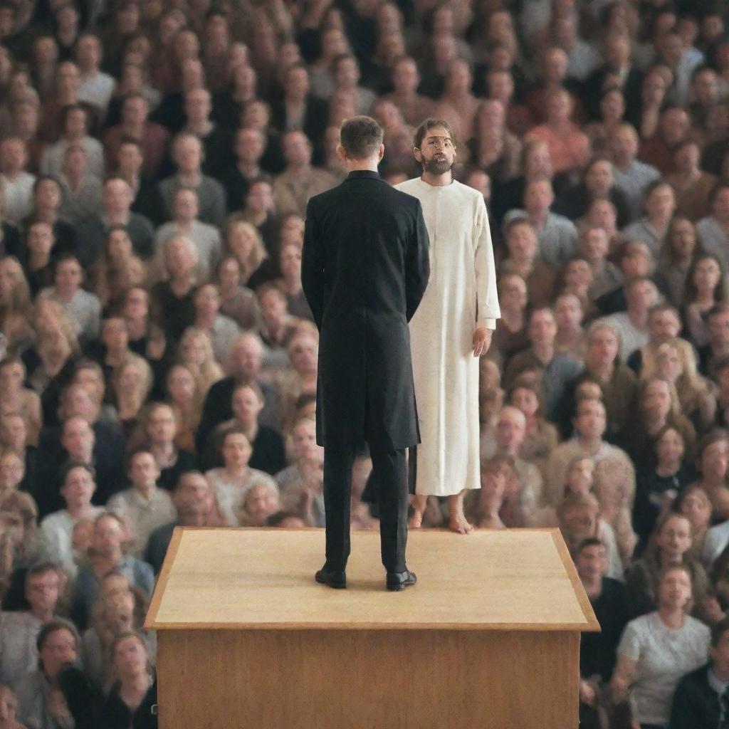 Generate an image of a one-eyed figure standing on a podium, with a crowd of people looking up in awe and worship.