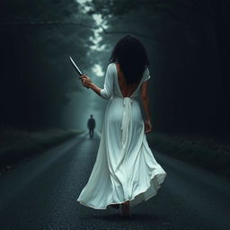 A woman with medium curly dark hair and caramel skin, clad in a flowing long white dress, is gracefully walking towards the shadowy darkness of a dense forest