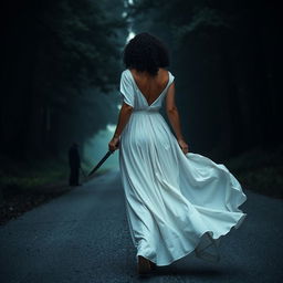 A woman with medium curly dark hair and caramel skin, clad in a flowing long white dress, is gracefully walking towards the shadowy darkness of a dense forest