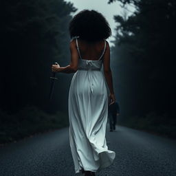A woman with medium curly dark hair and caramel skin, clad in a flowing long white dress, is gracefully walking towards the shadowy darkness of a dense forest