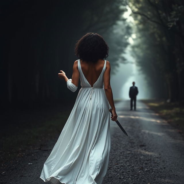 A woman with medium curly dark hair and caramel skin, clad in a flowing long white dress, is gracefully walking towards the shadowy darkness of a dense forest