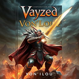 An action-packed book cover for the title "Vayzed: Von'Louiz", featuring a fierce, armored warrior with a dramatic cape, wielding a glowing sword