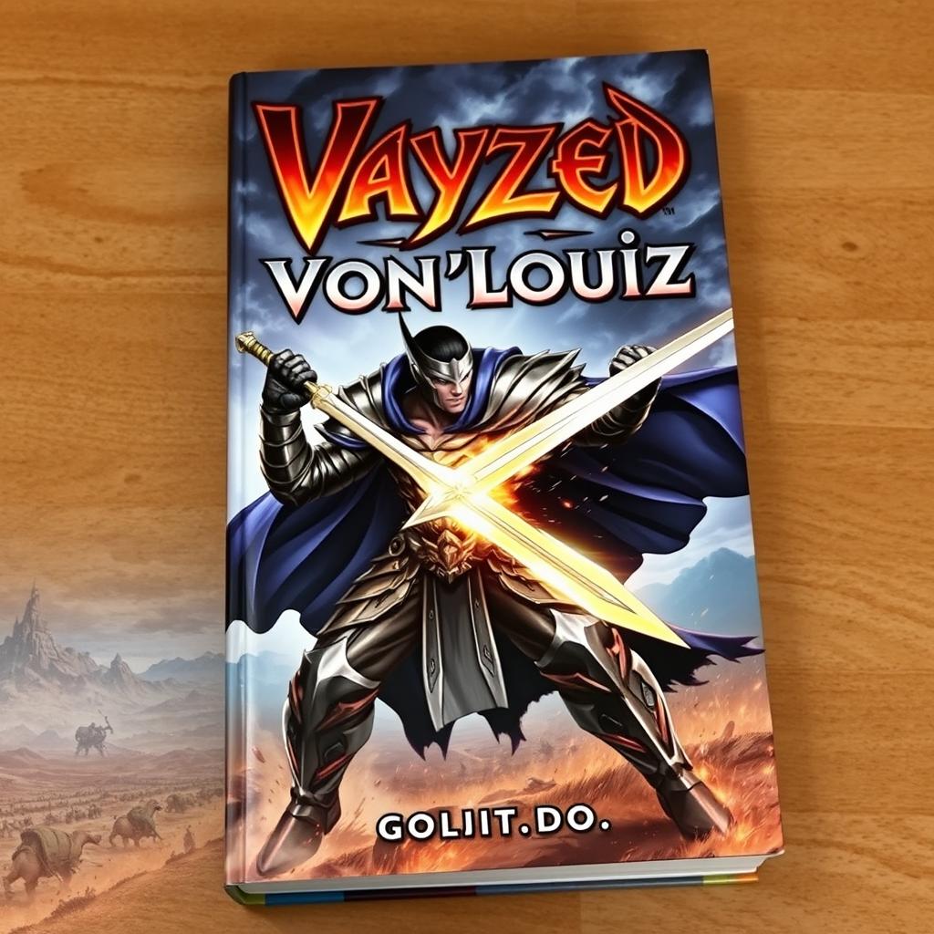 An action-packed book cover for the title "Vayzed: Von'Louiz", featuring a fierce, armored warrior with a dramatic cape, wielding a glowing sword