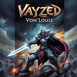 An action-packed book cover for the title "Vayzed: Von'Louiz", featuring a fierce, armored warrior with a dramatic cape, wielding a glowing sword