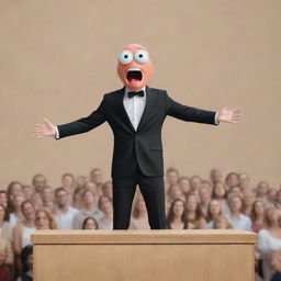 Generate an image of the same one-eyed figure, standing on a podium with an exuberant expression, enjoying the adoration from the crowd.