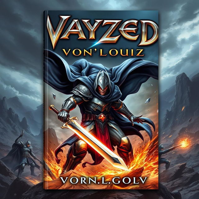 An action-packed book cover for the title "Vayzed: Von'Louiz", featuring a fierce, armored warrior with a dramatic cape, wielding a glowing sword