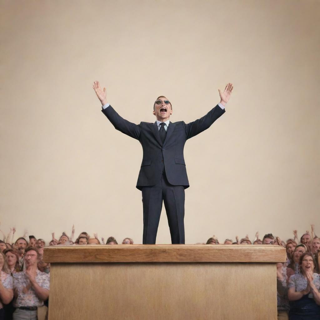 Generate an image of the same one-eyed figure, standing on a podium with an exuberant expression, enjoying the adoration from the crowd.