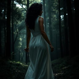 A woman with medium curly dark hair and caramel skin, wearing an elegant long white dress, walking gracefully towards the shadowy depths of a dark forest