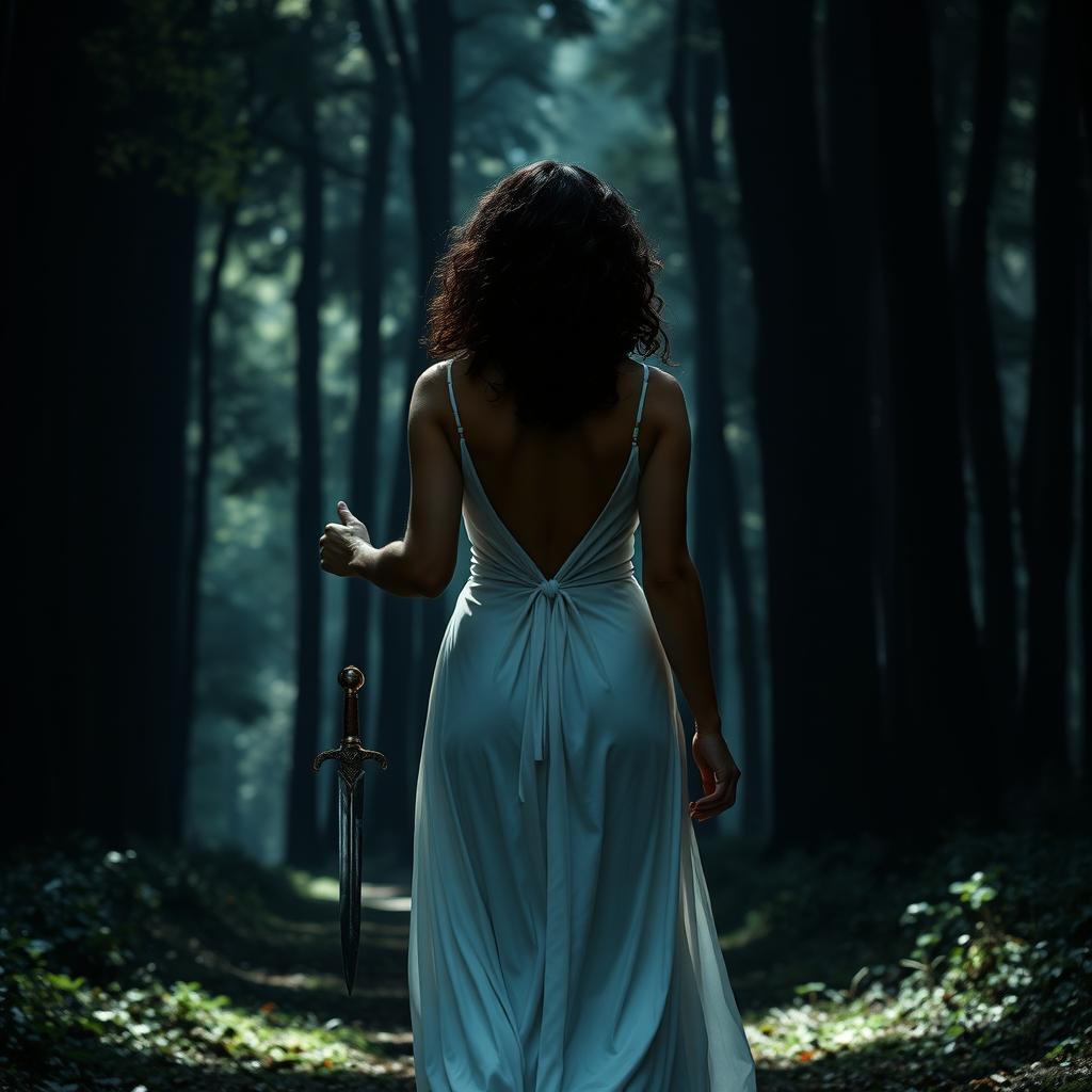 A woman with medium curly dark hair and caramel skin, wearing an elegant long white dress, walking gracefully towards the shadowy depths of a dark forest