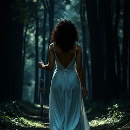 A woman with medium curly dark hair and caramel skin, wearing an elegant long white dress, walking gracefully towards the shadowy depths of a dark forest