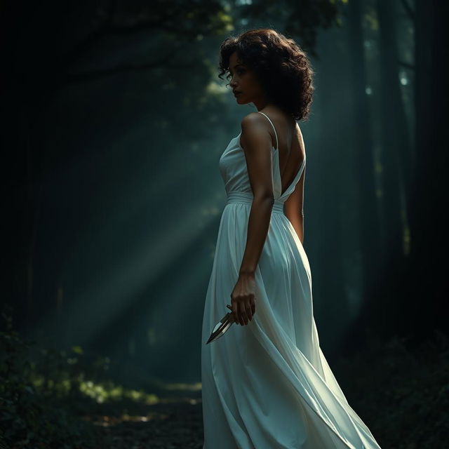 A woman with medium curly dark hair and caramel skin, wearing an elegant long white dress, walking gracefully towards the shadowy depths of a dark forest