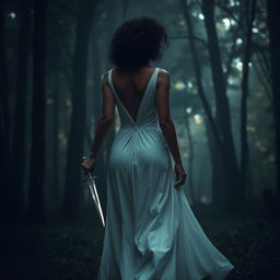 A woman with medium curly dark hair and caramel skin, wearing an elegant long white dress, walking gracefully towards the shadowy depths of a dark forest