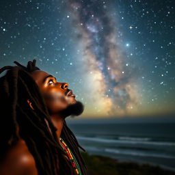 A young Rastafarian male with long dreadlocks adorned with colorful beads, deeply immersed in contemplation as he gazes up at the stunning Milky Way galaxy