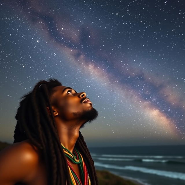 A young Rastafarian male with long dreadlocks adorned with colorful beads, deeply immersed in contemplation as he gazes up at the stunning Milky Way galaxy