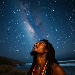 A young Rastafarian male with long dreadlocks adorned with colorful beads, deeply immersed in contemplation as he gazes up at the stunning Milky Way galaxy