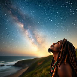 A young Rastafarian male with long dreadlocks adorned with colorful beads, deeply immersed in contemplation as he gazes up at the stunning Milky Way galaxy