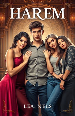A captivating book cover featuring a young man surrounded by four women in a harem style