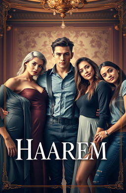 A captivating book cover featuring a young man surrounded by four women in a harem style